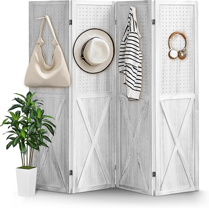 4 Panel Pegboard Display Room Divider Panel, Peg Board Room Divider and Folding Privacy Screen, 5.6Ft Wood Divider Wall, Pegboard Display Stand Organizer for Art, Craft Show, Jewelry (White)