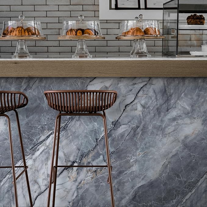 Marble Peel and Stick Waterproof Wall Paneling, 118" x 47" Pietra Grey Glossy Finish Self-Adhesive Backsplash Tile Vinyl Wall Panel for Kitchen Bathroom Wall Decor, Covers 38.75 Sq. Ft.
