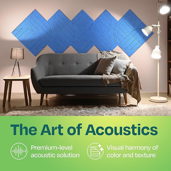 Acoustic Panels 12-Pack Soundproof Wall Panels 12"x12"x0.4" Decorative Sound Dampening for Your Home, Office, Studio, Bedroom & More with Unique ModuArc Carving [Grand Blue]