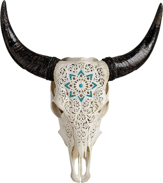 Skull Bliss - Hand-Carved Real Authentic Taxidermy Cow Skull/Bull Skull Wall Decor with Horns/Real Animal Cow Skull Wall Decor (Standard Horns)