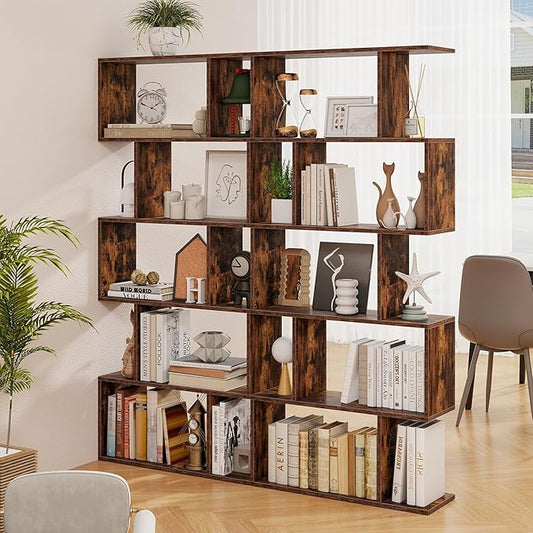5 Tier Geometric Bookcase, S Shaped Bookshelf, Modern Decorative Storage Shelving, Wooden Room Divider Bookcase, 62.5" Tall Staggered Display Book Shelf for Living Room (2, Rustic Brown)