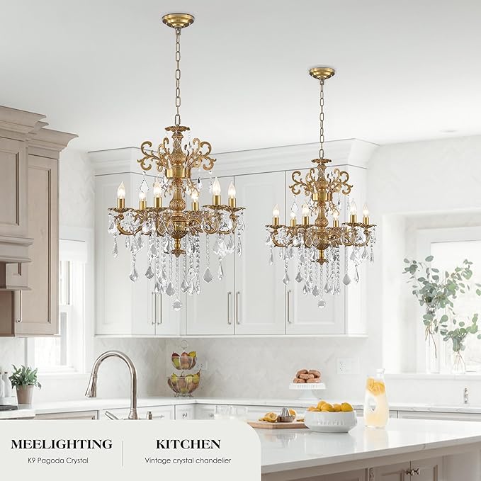 Luxury Antique Bronze Crystal Chandeliers with Candle Pendant Ceiling Light Fixture - 6 Lights Gold Crystal Chandelier for Dining Room, Living Room, Kitchen, Bedroom - D23 inch