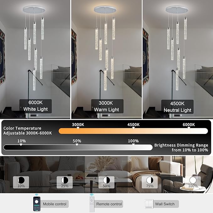 7-Lights High Ceiling Crystal Staircase Chandelier Chrome Pendant Lights Modern Spiral Raindrop Dimmable LED Bubble Cluster Ceiling Hanging Lighting Fixture for Foyer Living Room Remote Control