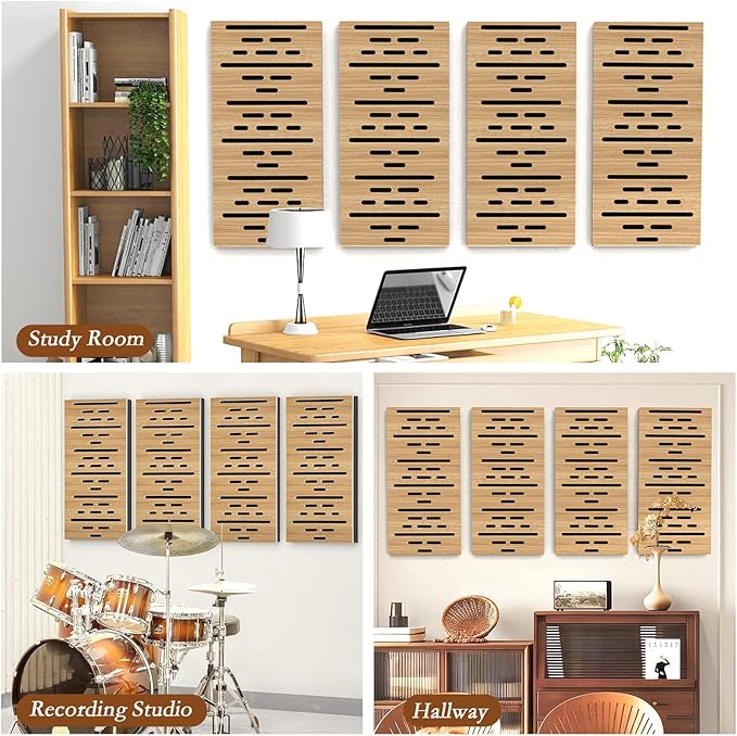 4Pack Acoustic Wall Panel, Self-Adhesive Soundproof Foam Panels for Wall, 3D Perforated Tri-Layer Polyester Fiber Decorative Acoustic Insulation for Recording Studio, Office, 24×12×1.78", Broken-Line
