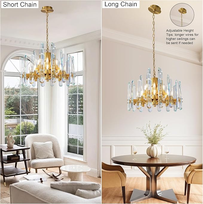24" Modern Crystal Chandelier, 12-Light Luxury Gold Chandelier for Dining Room, Living Room, Bedroom, Foyer, Kitchen, Restaurant, Contemporary Round Adjustable Chain Chandeliers K9 Light Fixture