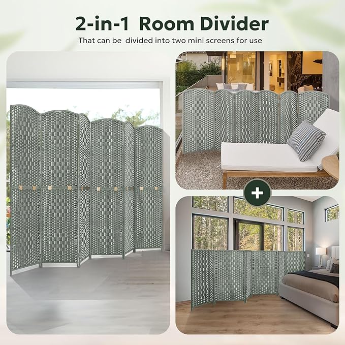 JOSTYLE Room Divider 6FT Room Divider Panel Folding Privacy Screen Hand-Made Wall Divider Indoor Portable Room Partition Dividers 2-in-1 Multifunction Divider for Room Separation (Grey, 6 Panel)