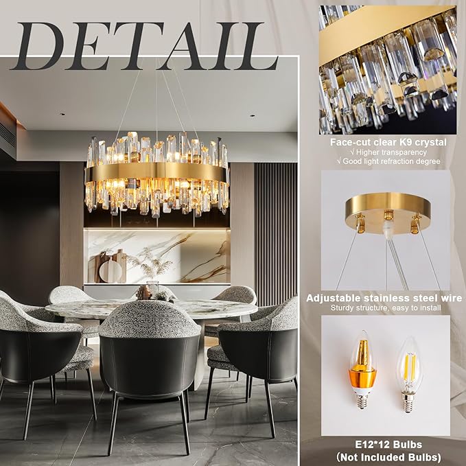 Modern Crystal Chandelier, Luxury Round 2 Tiers K9 Crystal Chandelier for Living Room, 12-Light Gold Flush Mount Ceiling Light Fixture for Dining Room Kitchen Foyer Bedroom D19.7''