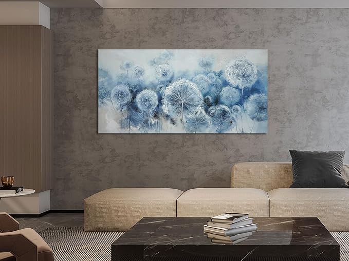 Arjun Wall Ar for Living Room, Dandelion Painting Flower Indigo Floral Canvas Art Wall Decor, Blue and White Textured Bedroom Artwork Framed for Home Office 48"x24"