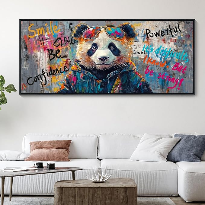 JEAWA Framed Canvas Wall Art - Extra Large Panda Abstract Graffiti Street Art Wall Picture Black and White Paintings Ready to Hang Living Room Bedroom Home Office Inspirational Decor 31.5x70 IN