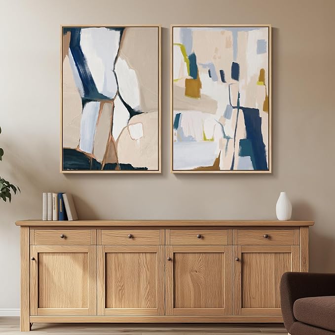 Large Framed Neutral Abstract Wall Art for Living Room, Set of 2 Bright Modern Canvas Prints Paintings Artwork for Walls, Colorful Abstract Pictures for Hallway Stair Bedroom Office Wall Decor 24x36 In