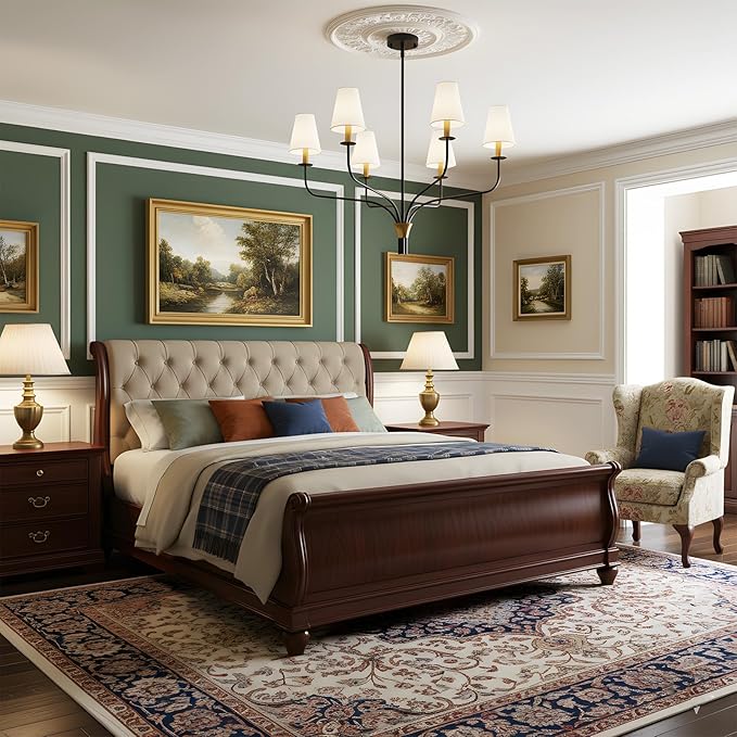 30" Modern Black and Gold Chandelier for Dining Room, 6-Light Mid Century Pendant Light with White Fabric Shade, Contemporary Ceiling Lighting for Living Room Bedroom Kitchen Island, E12