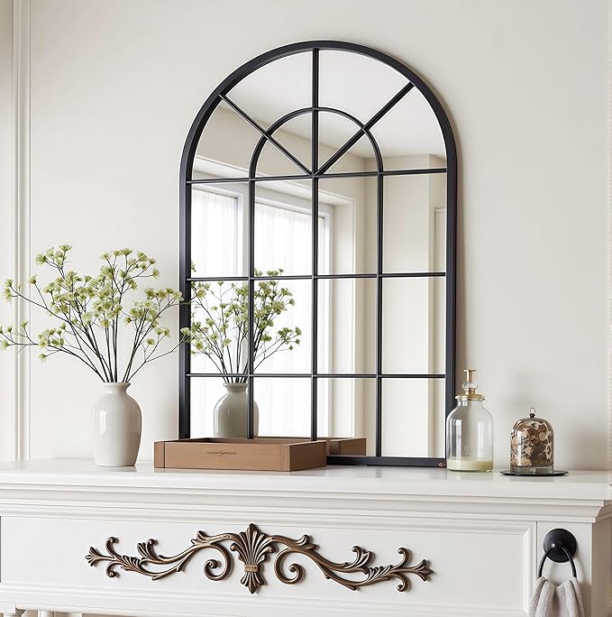Arch Wall Mirror Mounted Decorative, 31"x42", Arched Window Pane Mirror for Wall-Mounted for Entryway, Bathroom Vanity, Living Room or Bedroom, Iron Frame, Black