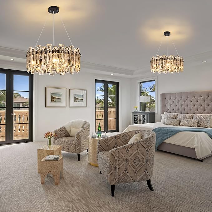 Modern Luxury K9 Crystal Chandelier 10-Lights Round Pendant Light Easy Install Ceiling Hanging Light Fixture for Dining Living Room Kitchen Island Entryway Foyer D31.5 Black