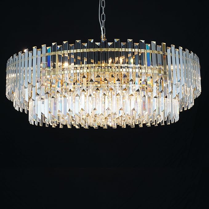 39" Modern Crystal Chandelier, 3-Tier Gold Pendant Light with 17 Lights, Luxury K9 Crystal Ceiling Fixture for Dining Room Living Room Foyer