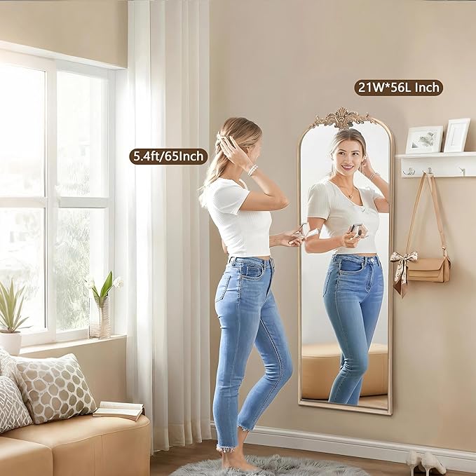 Arched Mirror Full Length: 21"x56" Champagne Gold Vintage Full Body Mirror - Floor Antique Baroque Traditional Ornate for Entryway/Cloakroom/Bedroom - Home Decor for Fashion-Conscious