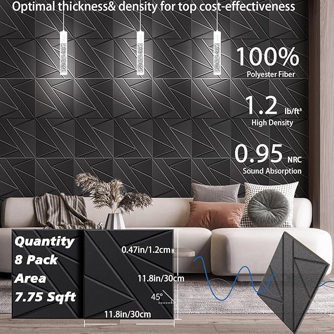 8 Pack Self-Adhesive Soundproof Wall Panels, 12 x 12 x 0.47 in Sound Proof Foam Panels for Walls, 1.2lb/ft³ High Density, Thicker 0.47in, Acoustic Panel, Peel and Stick Wall Panel Studio Black