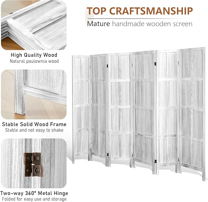 6 Panel Wood Room Divider Screen, 5.6 FT Folding Privacy Screen Room Divider, Partition Divider for Room Separation, Folding Wood Panel Wall Divider for Home Office Bathroom (Retro White)