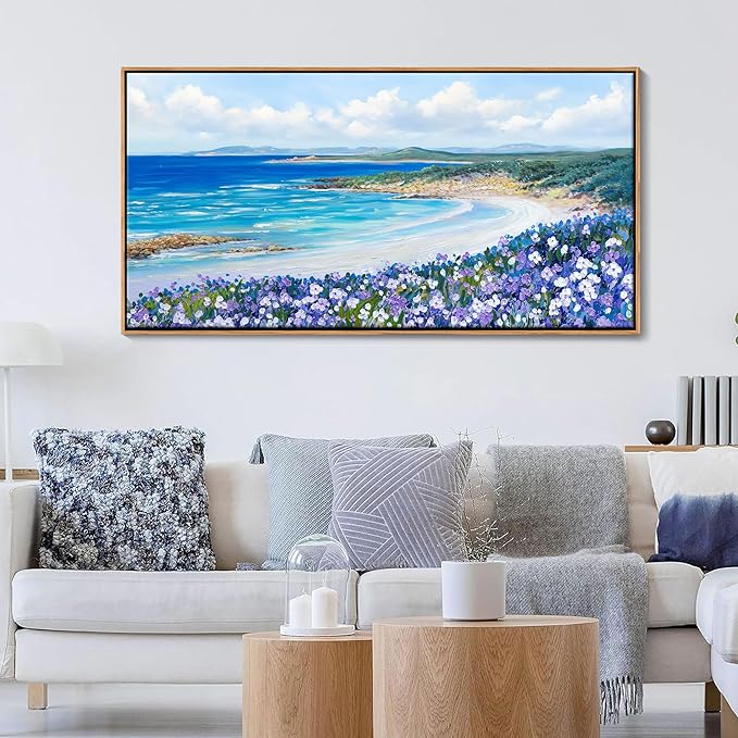 Mofutinpo Coastal Beach Wall Art Large Purple Flower Landscape Canvas Wall Art for Living Room & Bedroom Decor, Framed Blue Beach Pictures & Paintings for Walls,Ocean Artwork for Home & Office 20x40IN