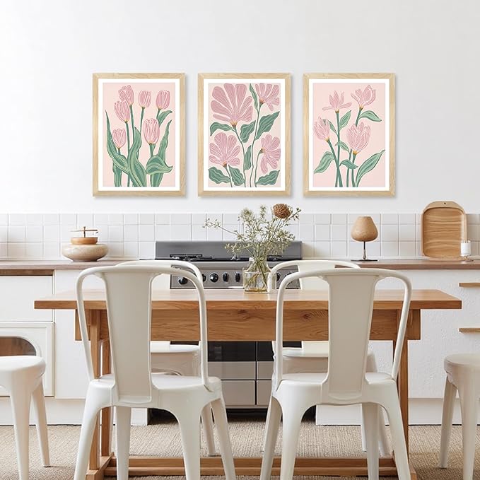 JLTULT 3 Piece Pink Abstract Tulips Floral Wall Art, Boho Green Botanical Wall Decor, Modern Flowers Paintings Art Prints for Living Room Bedroom Home Farmhouse Office12x16 Framed inch Ready to Hang