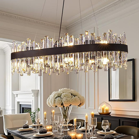 16-Light Modern Crystal Chandelier for Dining Room Black Rectangle 2-Tiers K9 Crystal Raindrop Chandelier Flush Mount Oval Adjustable Pendant Ceiling Light Kitchen Island Bar L35.4''