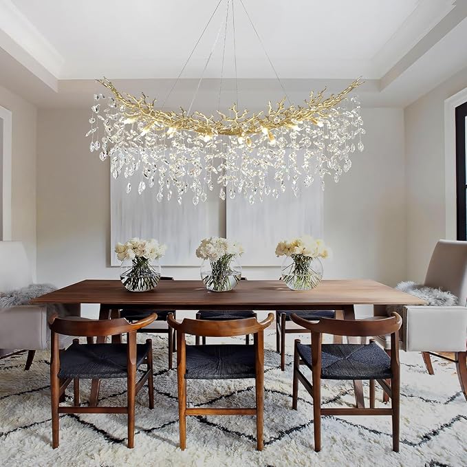 55inch Crystal Rectangle Chandelier for Dining Room, Gold Tree Branch Chandeliers Over Table, Top K9 Crystal Modern Chandeliers for Kitchen Island,Dining Table,Luxury Rectangular Chandeliers