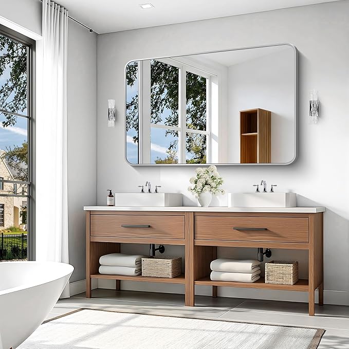 KOCUUY Silver Bathroom Mirror, 55x36 Inch Large Bathroom Mirror for Over Sink, HD Tempered Glass, Anti-Rust Brushed Silver Frame, Rounded Corner Modern Design for Bathroom, Hang Horizontal/Vertical