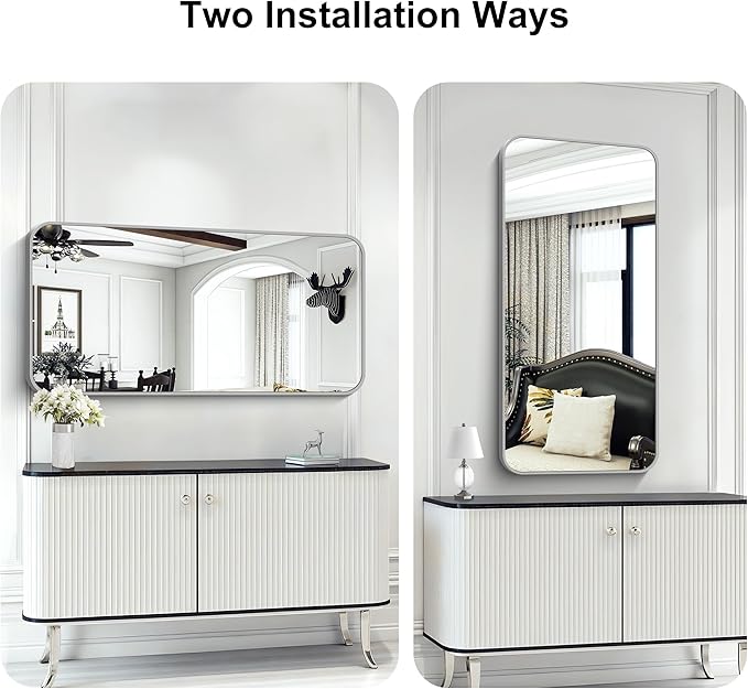 KOCUUY Silver Bathroom Mirror, 24x48 Inch Bathroom Mirror for Over Sink, HD Tempered Glass, Anti-Rust Brushed Silver Frame, Rounded Corner Modern Design for Bathroom, Hang Horizontal/Vertical
