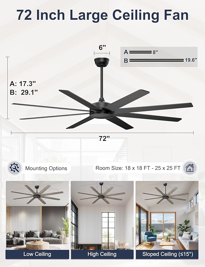 72'' Large Ceiling Fans No Lights, Modern Black Ceiling Fan Remote/APP Control, Quiet DC Motor Big Ceiling Fan for Shop Garage Covered Outdoor Patios