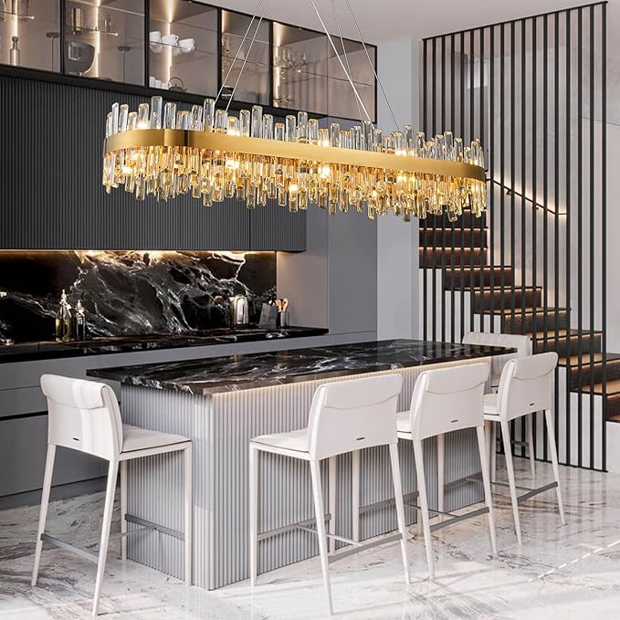 Modern Crystal Chandeliers, Luxury Gold Rectangle Light Fixture, 2-Tier Rectangular Brass Raindrop Chandelier for Dining Room, Oval Pendant Ceiling Light for Kitchen Island, L52''