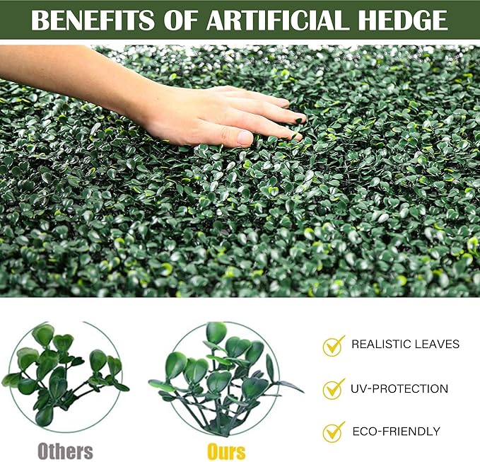 4PCS 20"x 20" Artificial Boxwood Wall Panels, UV-Anti Grass Wall Hedge Plant Panels for Indoor Outdoor Green Wall Decor Ivy Fence Covering Privacy