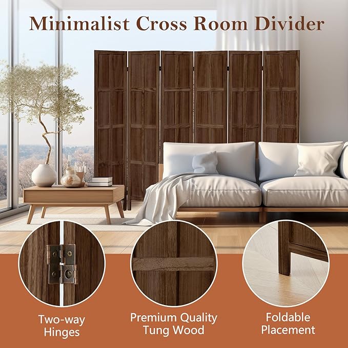 6 Panel Room Divider and Folding Privacy Screen, Classic 5.6Ft Wood Room Divider Wall, Partition Screen Divider for Room Separation for Home Office, Bedroom, Office, Dressing Room, Brown