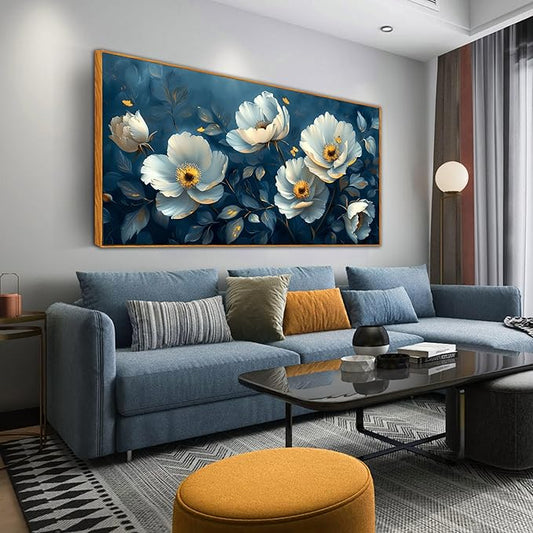 Ouzzlie Large Flower Wall Decor Blue Wall Art for Living Room Office Gold Butterfly Picture Artwork Canvas 29" x 59"