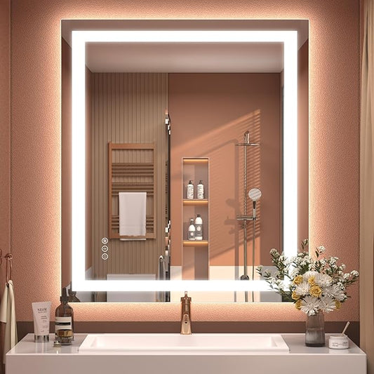 28x32 LED Mirror for Bathroom Wall, Bathroom Vanity Mirror with Lights, Backlit and Front Lighted, Dimmable, Anti-Fog, Memory, Shatter-Proof, ETL Listed (Horizontal/Vertical)