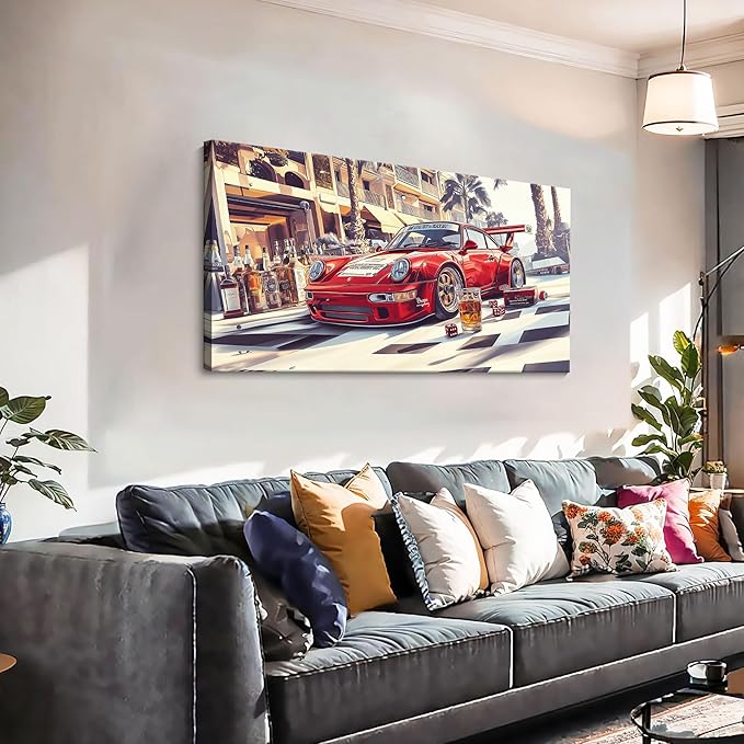JEAWA Canvas Prints Wall Art - Red Car Canvas Wall Art, Modern Art Wall Decor for Bedroom Bathroom Dining Room Home Office, Funny Painting for Wall Decoration, 20 x 40 In