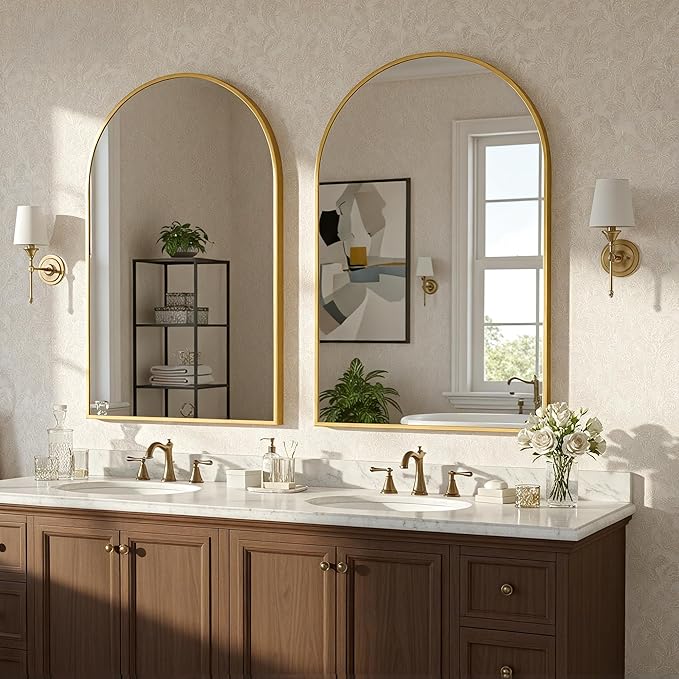 Antok Wall Mirror, 20"x30" Bathroom Vanity Mirror, Anti-Rust HD Tempered Glass, Wall Mounted Mirrors for Living Room, Entryway, Gold Frame, Arched
