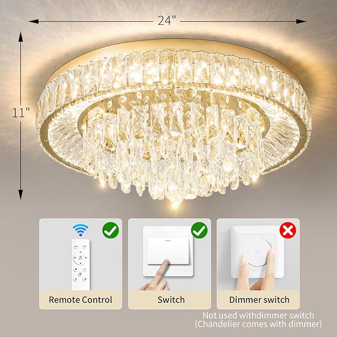 Modern Dimmable Led Crystal Chandelier: Flush Mount Crystals Ceiling Light with Remote - 24" Round Crystal Chandeliers Gold Ceiling Lighting Fixtures for Dining Room Bedroom Living Room Entryway