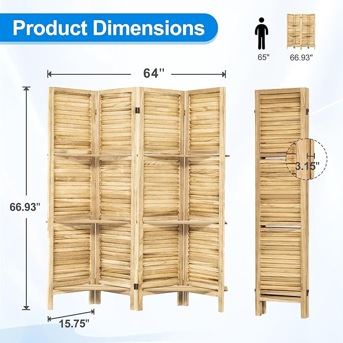 4 Panel Room Divider 5.6FT Louvered Design Room Dividers with Display Shelves Folding Privacy Screens Portable Freestanding Partition Wall Dividers for Bedroom & Office, Natural Wood