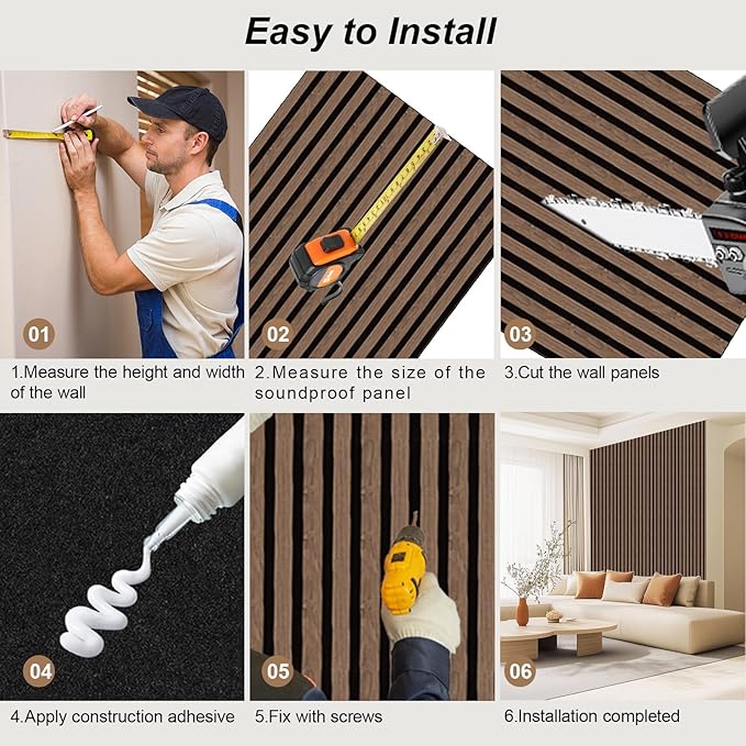 AKK-PANE 4 PCS Self-Adhesive Acoustic Wood Slat Wall Panels, 47.2" x 23.6" - 31.0ft² for Interior Wall Decor, Wall Panels Peel and Stick, Wall Wood Panels for Office Studio Bedroom Living Room(Walnut)