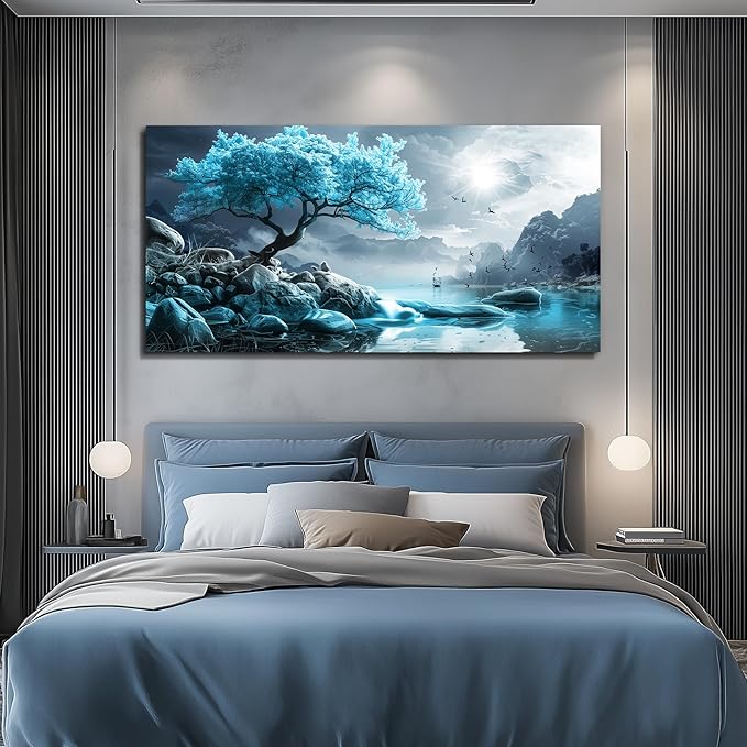 KELIYUAN Canvas Wall Art For Living Room Bedroom Wall Decor Black And White Landscape Pictures Blue Tree Wall Painting Modern Home Decoration For Room Office Works Framed Canvas Art Prints 20x40in
