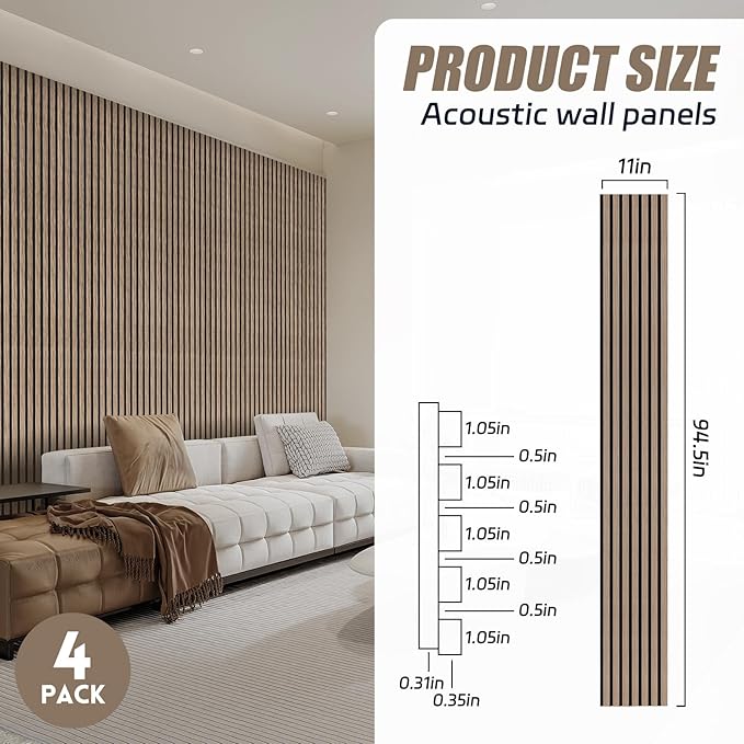 4 Pack 94.5" × 11" Wood Panels for Wall, Acoustic Soundproof Wall Slat Panels, 3D Wall Panels for Home Office Decoration, Natural Walnut