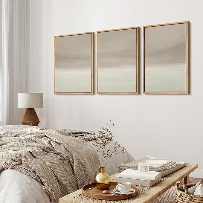 MUDECOR Framed Wall Art Print Set Misty Horizon Minimalist Foggy Mountain Landscape in Soft Neutral Tones Illustrations Realism Decorative for Living Room, Bedroom, Office - 16"x24"x3 Natural