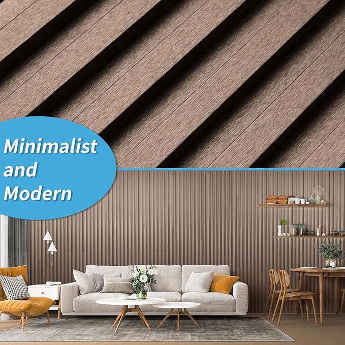 Art3d 8 Pack 104" x 6.7" Slat Wall Paneling, Glossy Metal Finish WPC 3D Wall Panels, 3D Panels for Interior Wall Decor, Living Room, Bedroom - Textured Brown