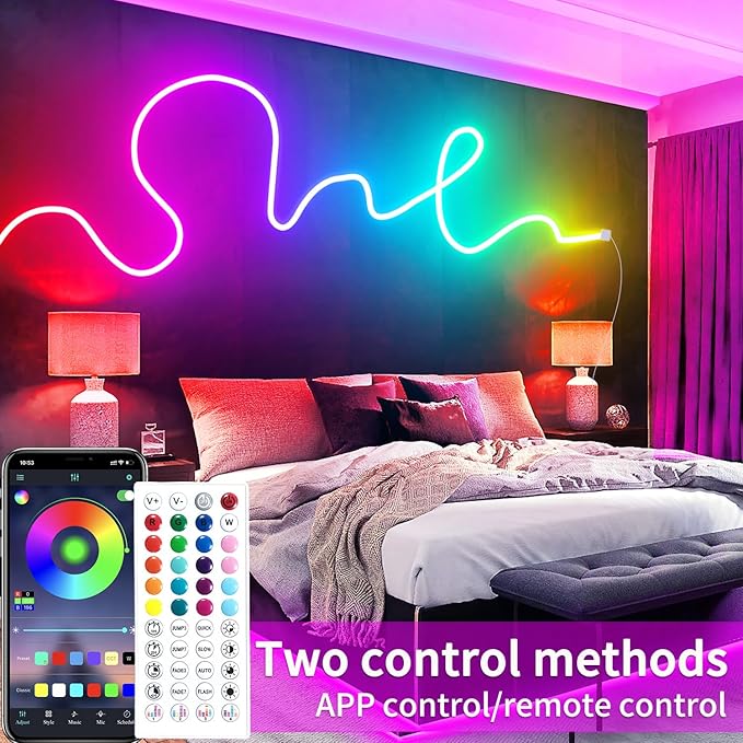 50ft RGB LED neon Rope Lights LED neon Lights with Remote Control/APP Control IP65 Waterproof Flexible Neon LED Strip Lights for Bedroom Room Outdoors Décor