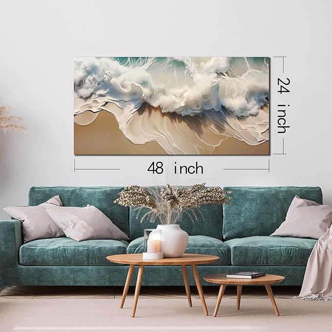 Ocean Waves Canvas Wall Art for Living Room, Beach Scenery View Home Decor Picture, Sea Waves Canvas Wall-Decoration, Seaside Scene Decorative Print Artwork for Office Bedroom, Size 48x24 Inches