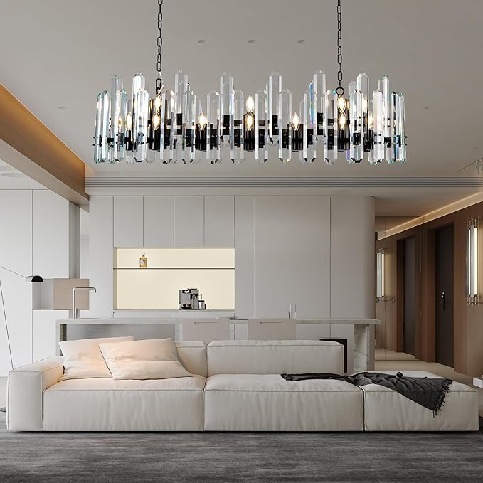 54" Black Chandelier, 24-Light Modern Rectangular Crystal Chandelier for Dining Room, Kitchen Island, Living Room, Bedroom, Foyer, Contemporary Adjustable Chain Chandeliers, Luxury K9 Light Fixture