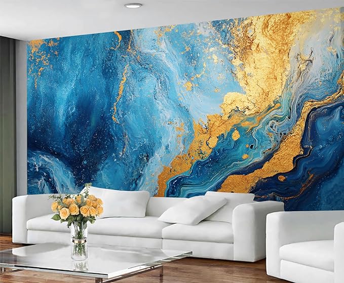 Blue Gold Marble Mural Wallpaper, Modern Fashion Marble Murals, Abstract 3D Texture Murals Wallpaper for Living Room Bedroom Tv Background Wall Home Decor Mural (Not Peel Stick)