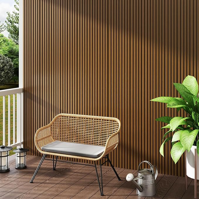 mondaria Wood Slat Wall Panel for Wall Décor, 3D Wood Plastic Composite Decorative Paneling for Outdoor Accent Wall Decor - 90.5 x 6.3 Inch(5 PCS, Teak)