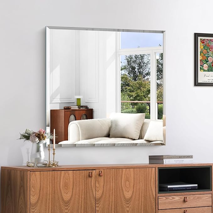 KOCUUY Beveled Mirror, 30x30 Inch Square Frameless Bathroom Mirror for Over Sink, Upgraded Shatterproof Beveled Unframed Design Mirror for Bathroom, Bedroom, Entryway, Hang Horizontal/Vertical