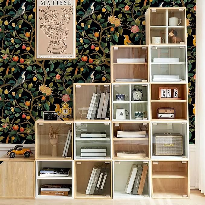 Colorful Floral Animal Wallpaper Self Adhesive Peel and Stick Black Watercolor Vivid Botanical Bird Fruit Leaf Contact Paper Removable Waterproof for Bedroom Renter Friendly 17.71"x236.2"