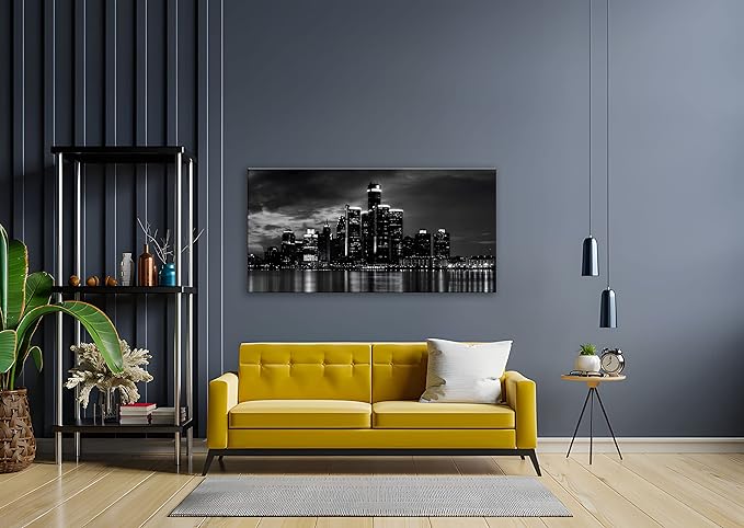 NAN Wind Detroit Skyline Canvas Wall Art Cityscape Night Scene Black & White City Art Print on Canvas Modern Giclee Framed Painting for Room Decor Home Decor Detroit Skyline Picture Prints